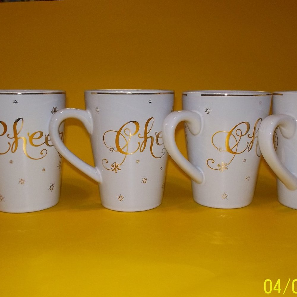 Hausenware Holiday Lyn Dillin Cheer Set 4 Coffee Cup Mugs New Gold Trim 12 Oz